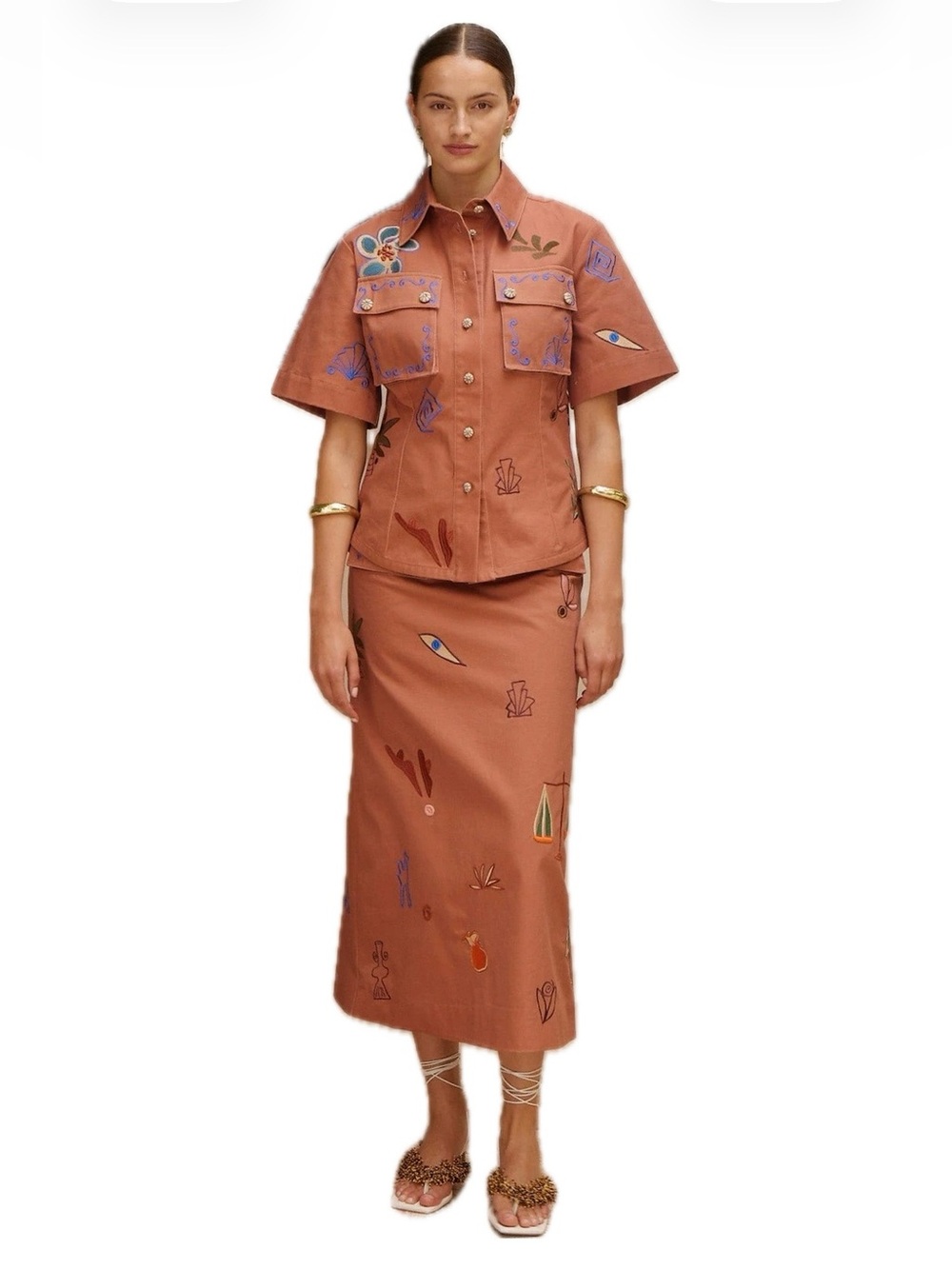 Alemais Dusty Embroidered SET of Midi Skirt and Fitted Shirt Size AU6 US2
